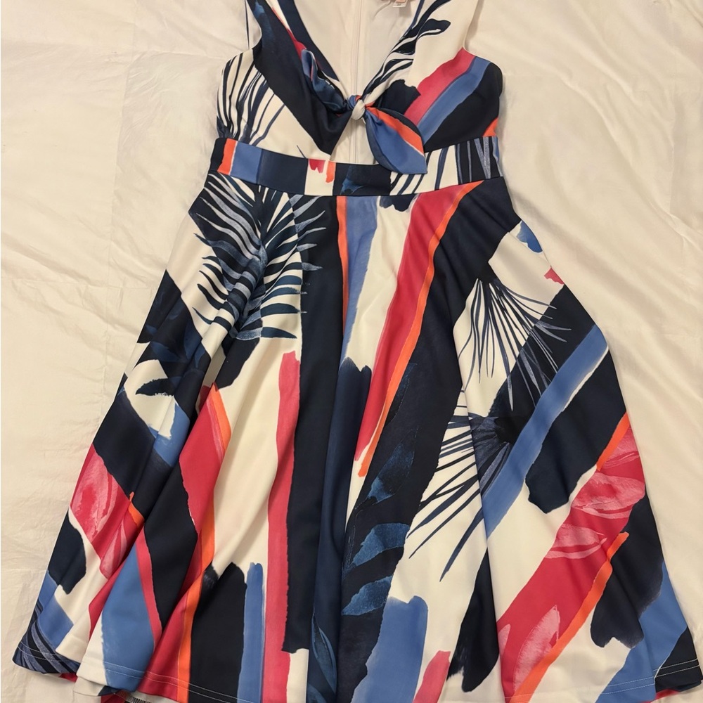 Hutch/Anthropologie navy, white, pink, and orange tropical print dress